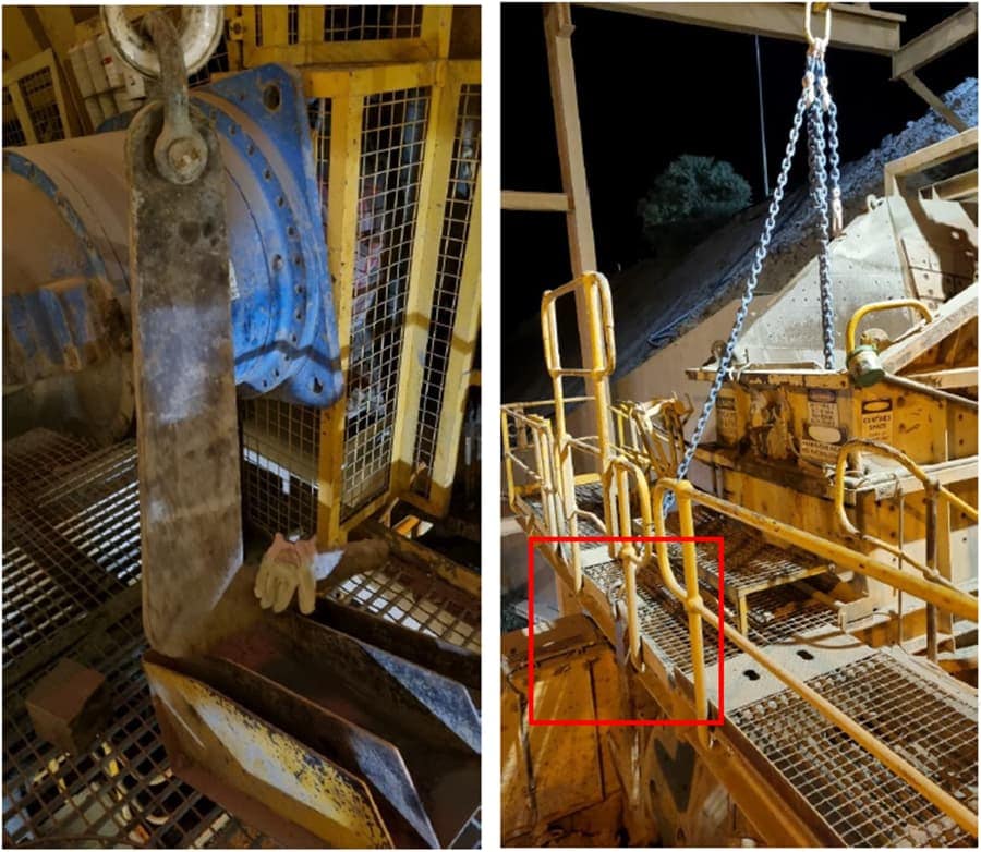 The L-shaped hook (left) and its resting position after striking the worker (right)